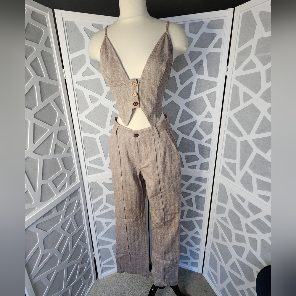 Women's 2pc set crop top and pants Sz. S Brown/white Herringbone. Brand Plan B.